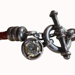 Braided Leather Bracelet With Sterling Silver Toggle Clasp & Crystal Charm